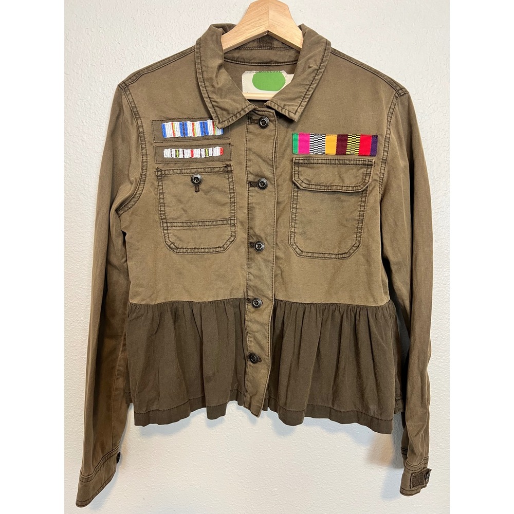 Anthropologie military Jacket Olive Green Beaded Peplum Ruffle Cotton Linen M